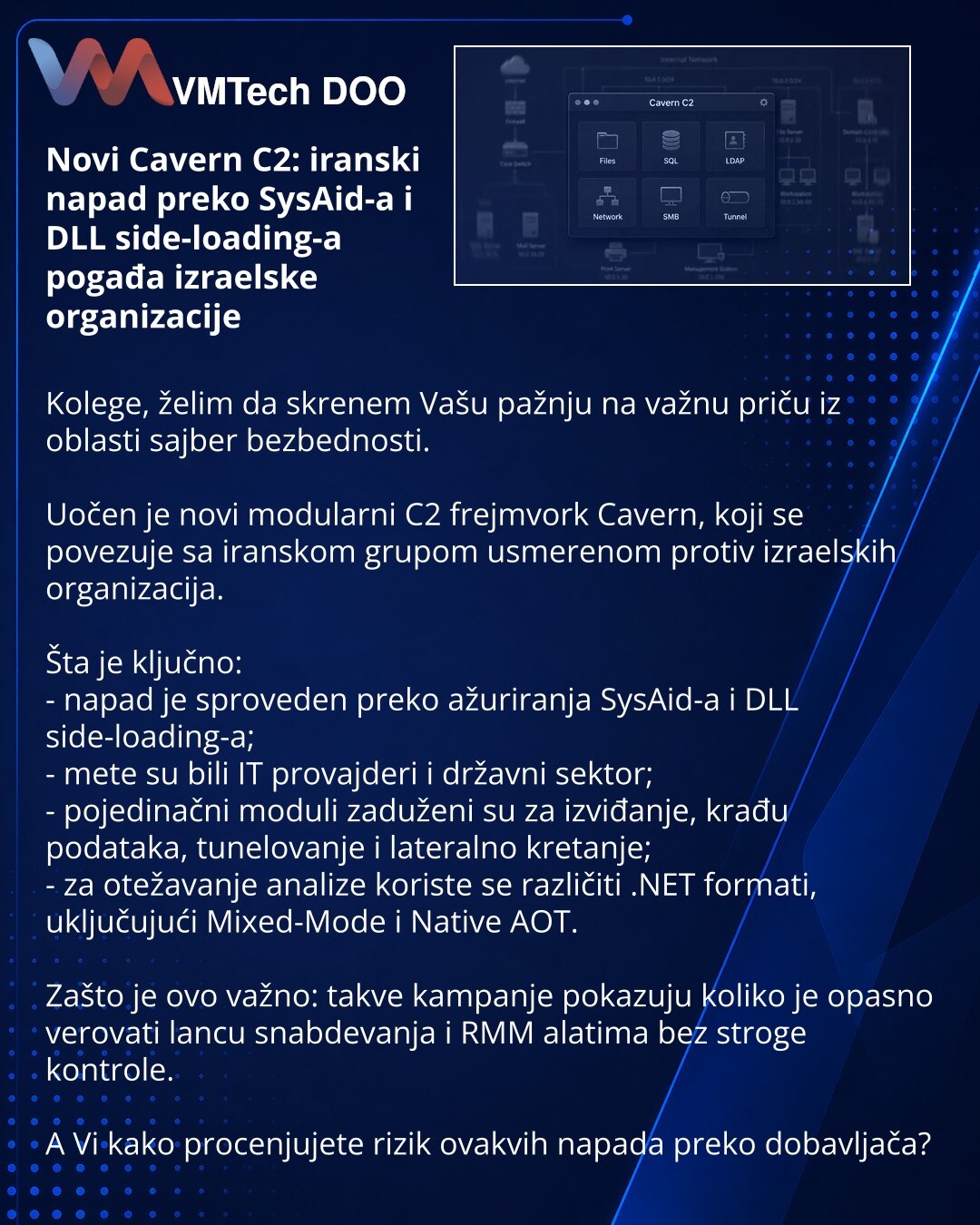 Novi Cavern C2: iranski napad preko SysAid-a i DLL side-loading-a pogađa izraelske organizacije

Kolege, želim da skrenem Vašu pažnju na važnu priču iz oblasti sajber bezbednosti.

Uočen je novi modularni C2 frejmvork Cavern, koji se povezuje sa iranskom grupom usmerenom protiv izraelskih organizacija.

Šta je ključno:
- napad je sproveden preko ažuriranja SysAid-a i DLL side-loading-a;
- mete su bili IT provajderi i državni sektor;
- pojedinačni moduli zaduženi su za izviđanje, krađu podataka,