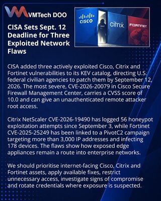 CISA zahteva hitne zakrpe za Cisco, Citrix i Fortinet propuste