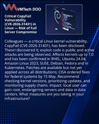 Kritična ranjivost CopyFail (CVE-2026-31431) u Linuxu — rizik potpunog preuzimanja servera