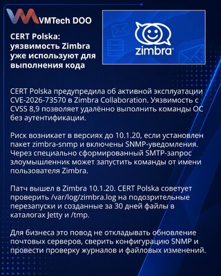 CERT Polska сообщила об эксплуатации RCE-уязвимости в Zimbra