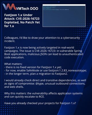 Fastjson 1.x pod napadom: ranjivost CVE-2026-16723 se već koristi, a zakrpa za 1.x još nije dostupna