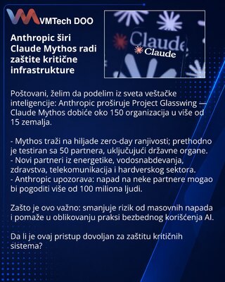 Anthropic širi Claude Mythos radi zaštite kritične infrastrukture