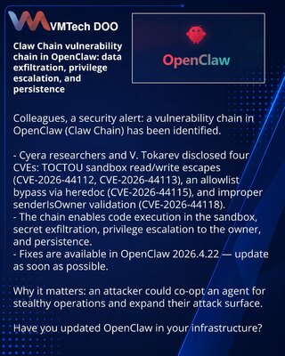Claw Chain vulnerability chain in OpenClaw: data exfiltration, privilege escalation, and persistence