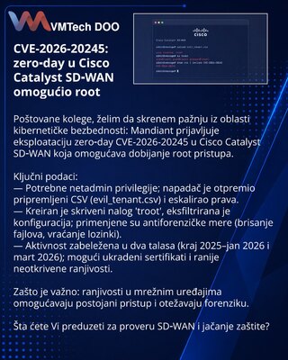 CVE-2026-20245: zero‑day u Cisco Catalyst SD‑WAN omogućio root