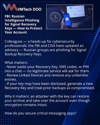 FBI: ruske obaveštajne grupe fišuju ključeve za oporavak u Signal — kako zaštititi nalog