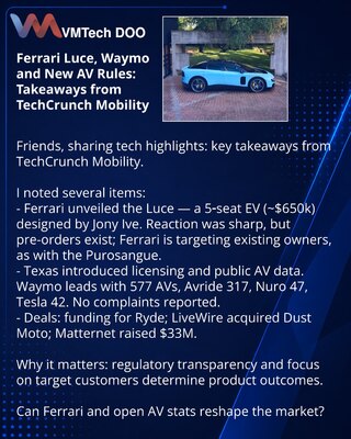 Ferrari Luce, Waymo и новые правила AV: тезисы из TechCrunch Mobility