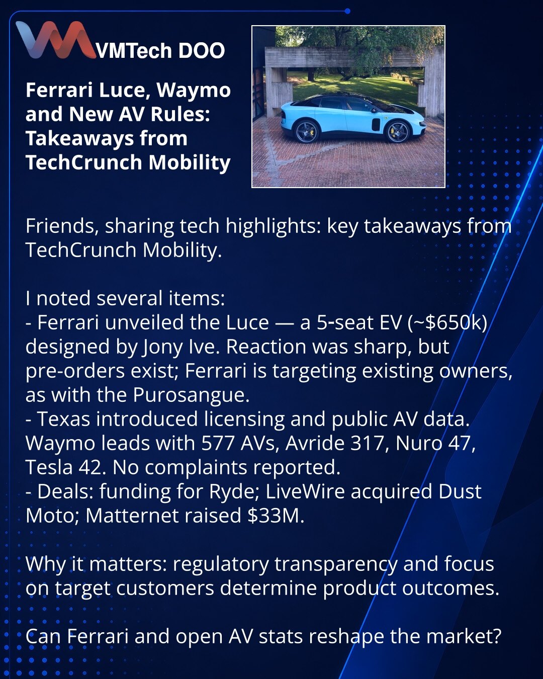 Ferrari Luce, Waymo i nova pravila za AV: teze iz TechCrunch Mobility

Prijatelji, želim podeliti iz sveta tehnologije: ključne teze iz TechCrunch Mobility.

Zabeležio sam nekoliko važnih momenata:
- Ferrari je predstavio Luce — petosedni električni automobil (~$650k), dizajn Jony Ive. Reakcije su oštre, ali postoje prednaručbe; fokus na postojećim vlasnicima, kao kod Purosangue.
- U Teksasu uvedeno licenciranje i javni podaci za autonomna vozila. Waymo predvodi (577 AV), slede Avride 317, Nuro