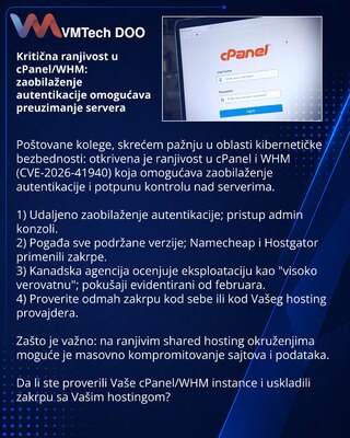 Kritična ranjivost u cPanel/WHM: zaobilaženje autentikacije omogućava preuzimanje servera