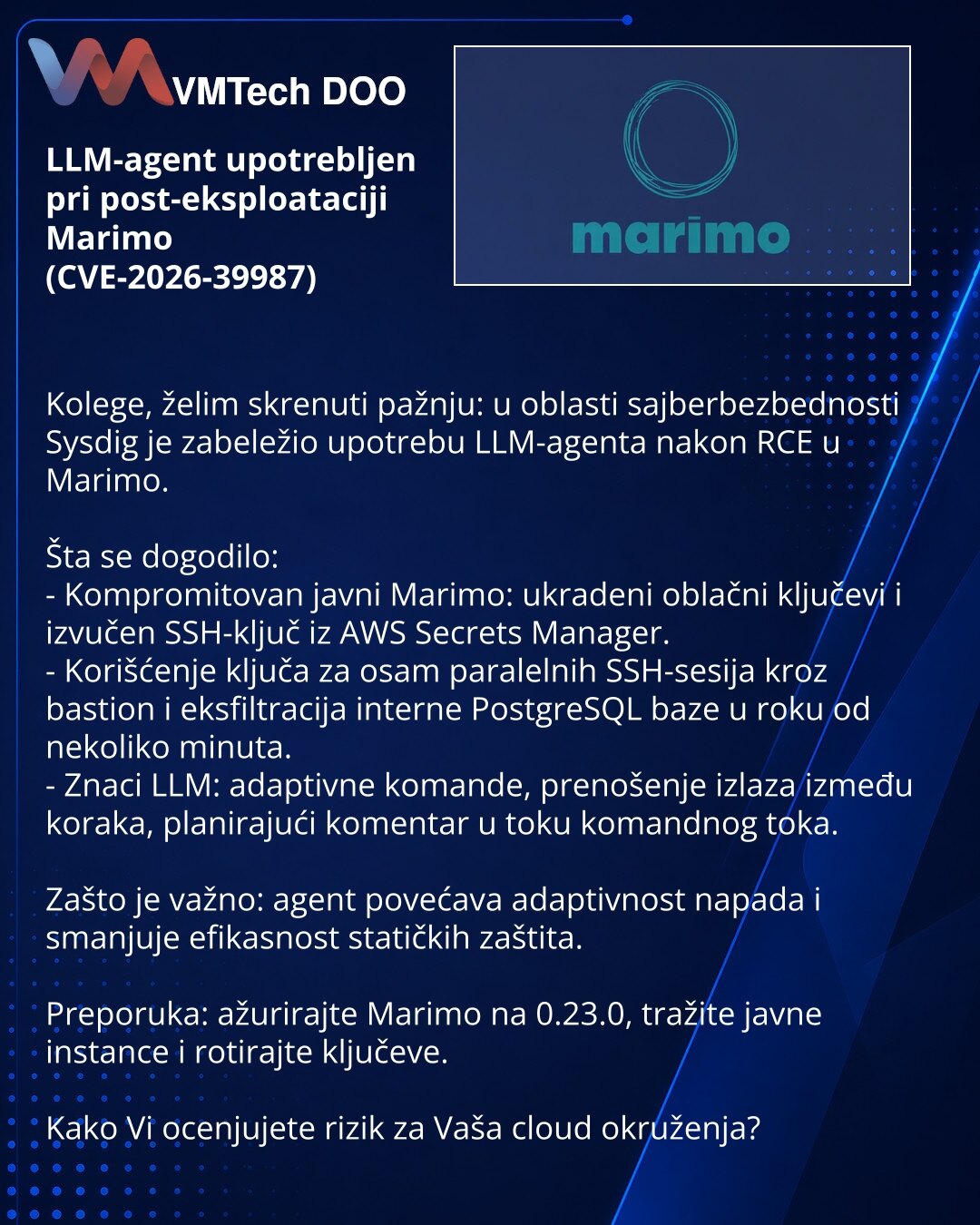 LLM-agent upotrebljen pri post-eksploataciji Marimo (CVE-2026-39987)

Kolege, želim skrenuti pažnju: u oblasti sajberbezbednosti Sysdig je zabeležio upotrebu LLM-agenta nakon RCE u Marimo.

Šta se dogodilo:
- Kompromitovan javni Marimo: ukradeni oblačni ključevi i izvučen SSH-ključ iz AWS Secrets Manager.
- Korišćenje ključa za osam paralelnih SSH-sesija kroz bastion i eksfiltracija interne PostgreSQL baze u roku od nekoliko minuta.
- Znaci LLM: adaptivne komande, prenošenje izlaza između koraka