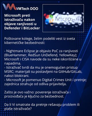 Microsoft угрожает исследователю после публикации уязвимостей в Defender и BitLocker