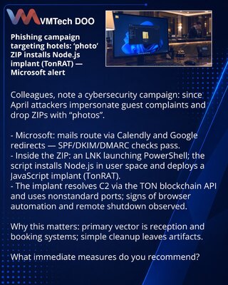 Fišing kampanja protiv hotela: foto‑ZIP instalira Node.js implant (TonRAT) — upozorenje Microsofta