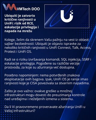 Ubiquiti je zatvorio kritične ranjivosti u UniFi: rizik od RCE, eskalacije privilegija i napada na mrežu