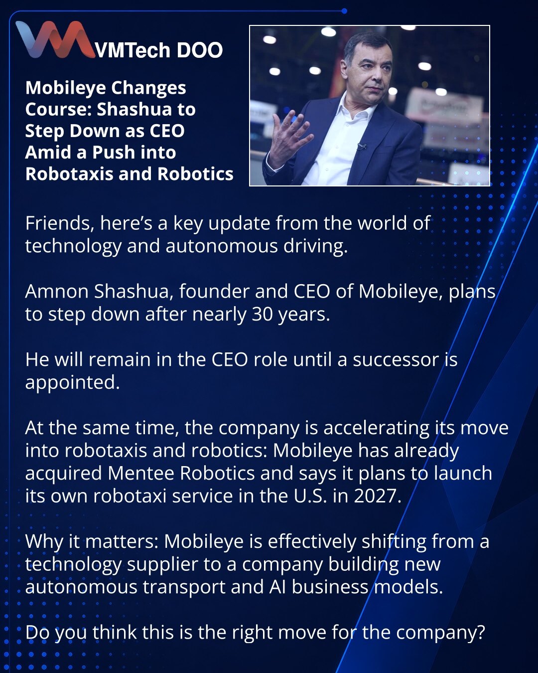 Mobileye меняет курс: Шашуа уходит с поста CEO на фоне ставки на роботакси и робототехнику
