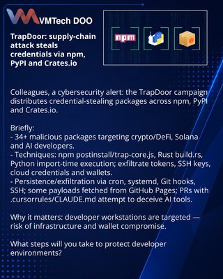 TrapDoor: napad na lanac snabdevanja krade kredencijale preko npm, PyPI i Crates.io