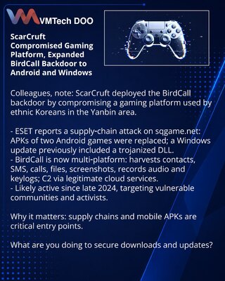 ScarCruft kompromitovao platformu za igre i proširio backdoor BirdCall na Android i Windows