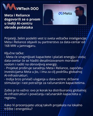 Meta i Reliance dogovorili se o prvom u Indiji AI-centru obrade podataka