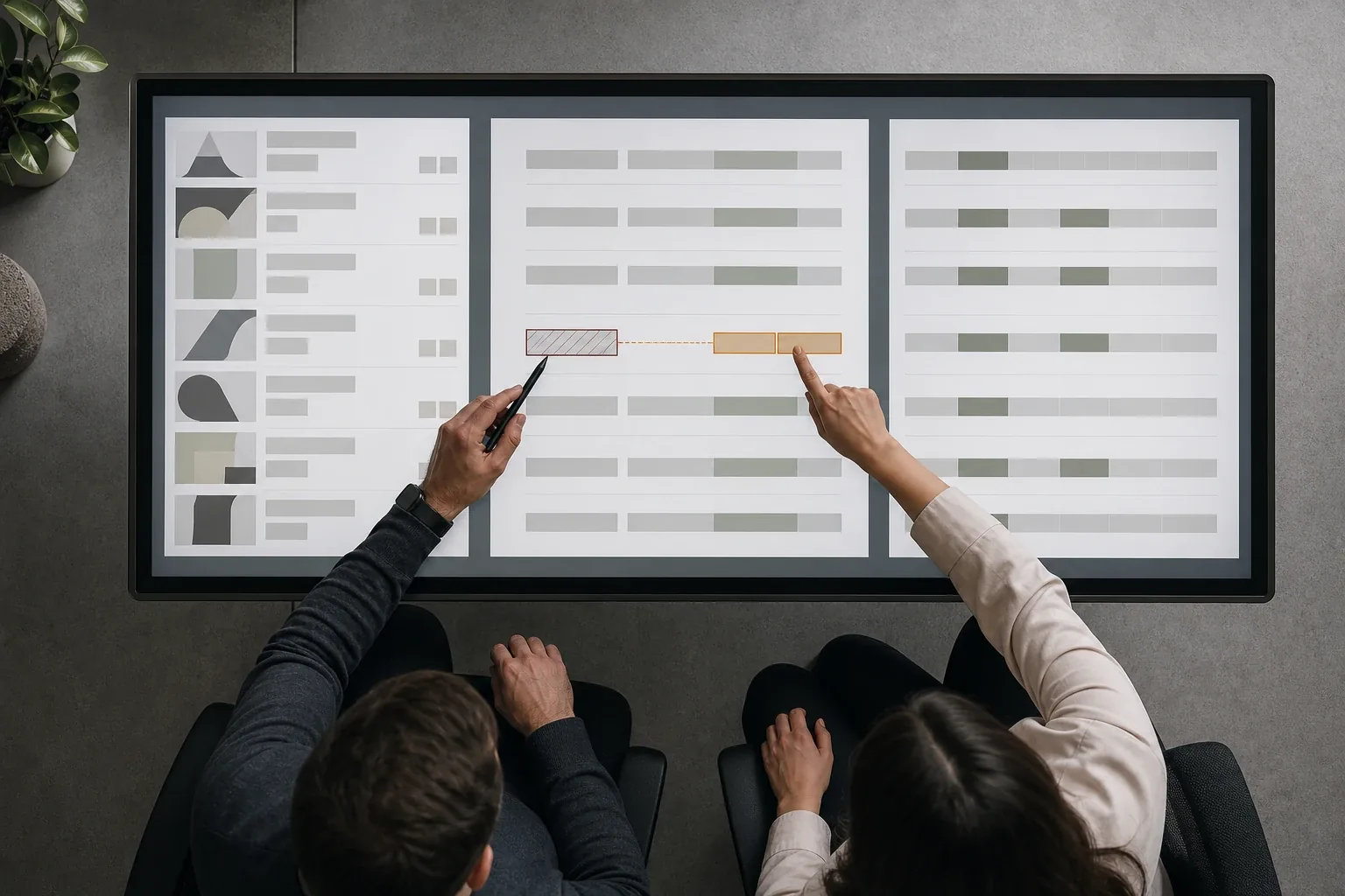 An integration specialist and process owner define authoritative sources for product, price and stock data on a shared screen.