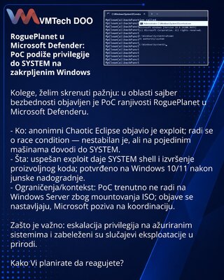 RoguePlanet u Microsoft Defender: PoC podiže privilegije do SYSTEM na zakrpljenim Windows