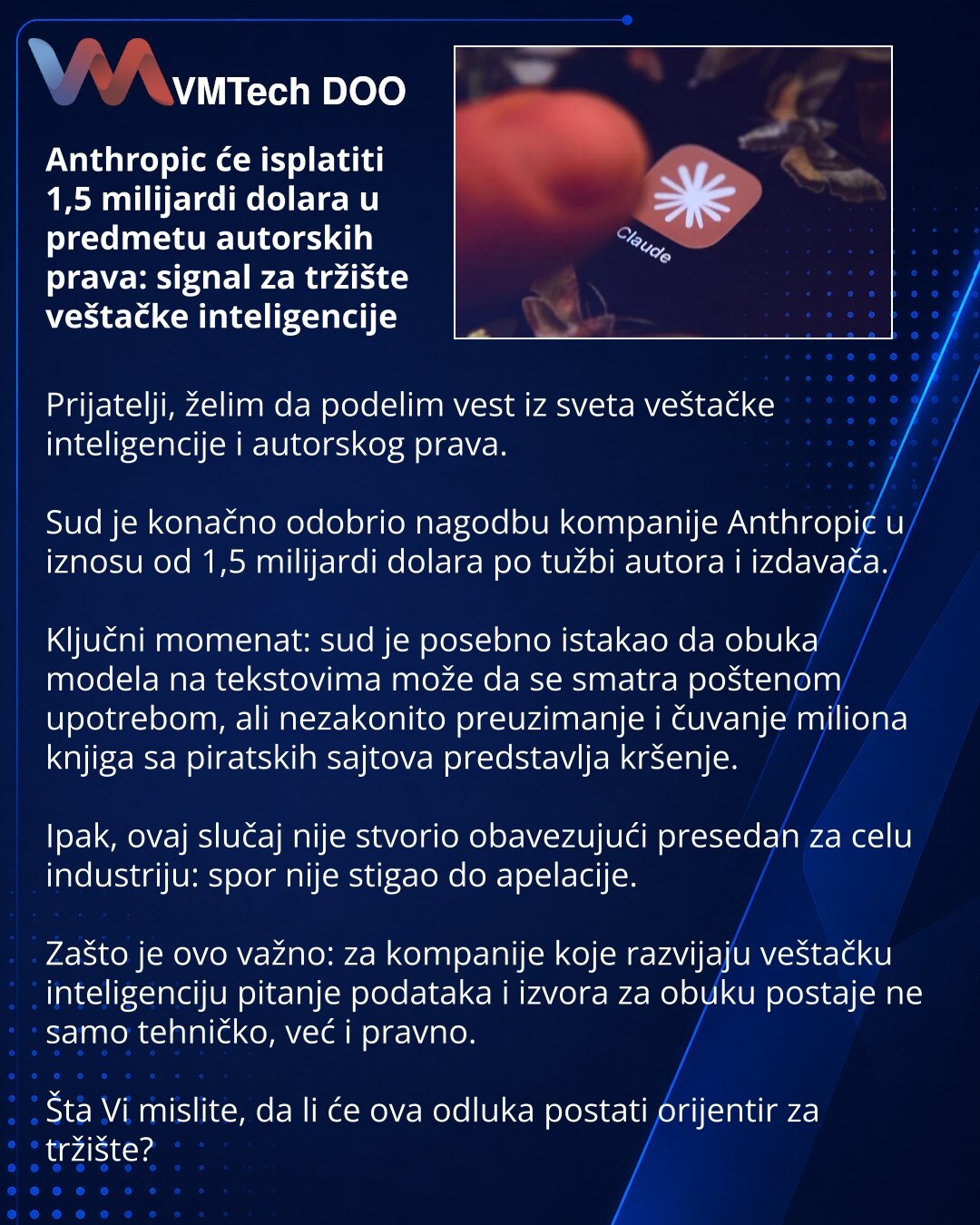 Anthropic će isplatiti 1,5 milijardi dolara u predmetu autorskih prava: signal za tržište veštačke inteligencije