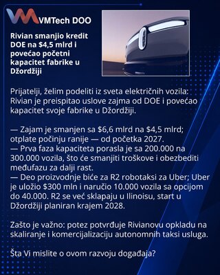 Rivian smanjio kredit DOE na $4,5 mlrd i povećao početni kapacitet fabrike u Džordžiji