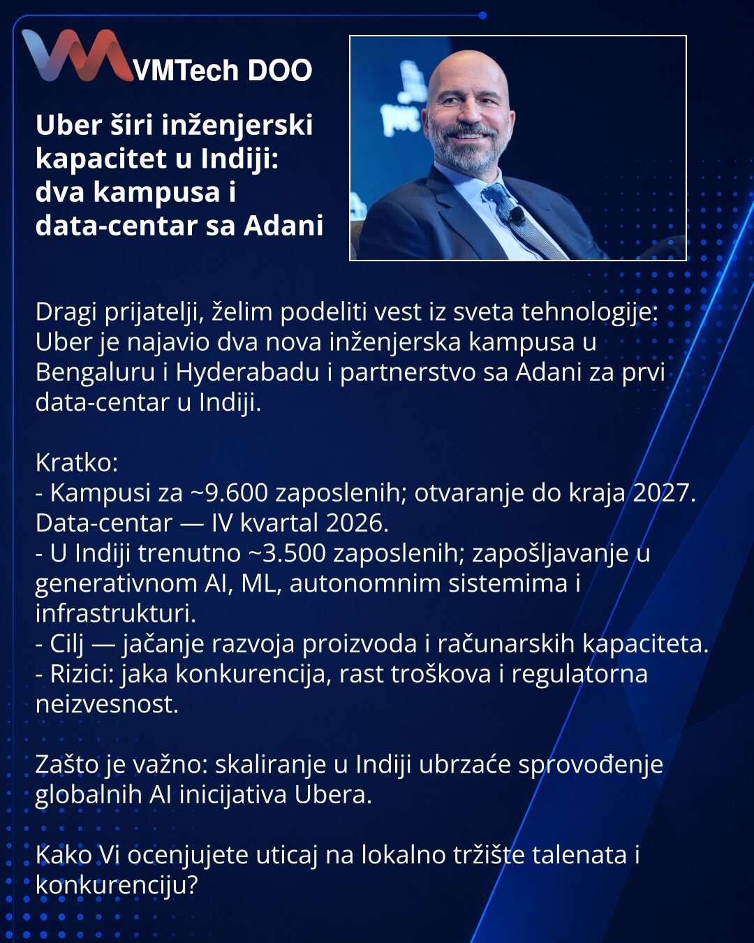 Uber širi inženjerski kapacitet u Indiji: dva kampusa i data-centar sa Adani

Dragi prijatelji, želim podeliti vest iz sveta tehnologije: Uber je najavio dva nova inženjerska kampusa u Bengaluru i Hyderabadu i partnerstvo sa Adani za prvi data-centar u Indiji.

Kratko:
- Kampusi za ~9.600 zaposlenih; otvaranje do kraja 2027. Data-centar — IV kvartal 2026.
- U Indiji trenutno ~3.500 zaposlenih; zapošljavanje u generativnom AI, ML, autonomnim sistemima i infrastrukturi.
- Cilj — jačanje razvoja pr