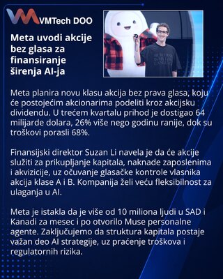 Meta uvodi akcije bez prava glasa radi finansiranja AI ulaganja