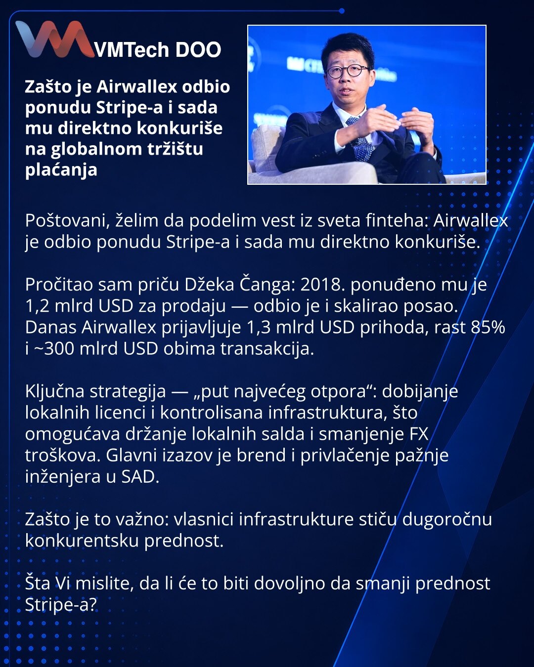 Zašto je Airwallex odbio ponudu Stripe-a i sada mu direktno konkuriše na globalnom tržištu plaćanja

Poštovani, želim da podelim vest iz sveta finteha: Airwallex je odbio ponudu Stripe-a i sada mu direktno konkuriše.

Pročitao sam priču Džeka Čanga: 2018. ponuđeno mu je 1,2 mlrd USD za prodaju — odbio je i skalirao posao. Danas Airwallex prijavljuje 1,3 mlrd USD prihoda, rast 85% i ~300 mlrd USD obima transakcija.

Ključna strategija — „put najvećeg otpora“: dobijanje lokalnih licenci i kontroli