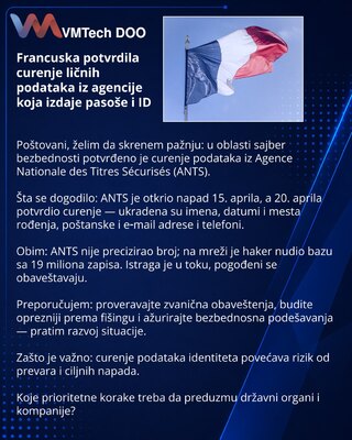 Francuska potvrdila curenje ličnih podataka iz agencije koja izdaje pasoše i ID