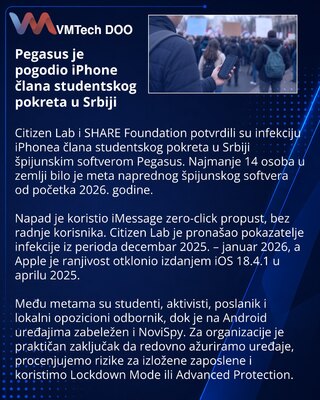 Pegasus napad na iPhone člana studentskog pokreta u Srbiji