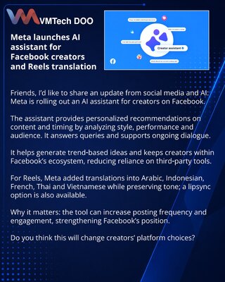 Meta pokreće AI-asistenta za kreatore na Facebooku i prevod Reels