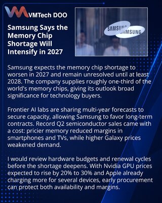 Samsung прогнозирует усиление дефицита памяти и напряжённые поставки до 2028 года