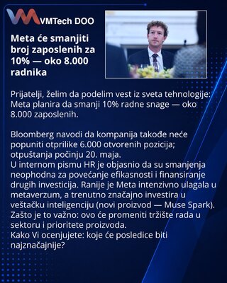 Meta će smanjiti broj zaposlenih za 10% — oko 8.000 radnika
