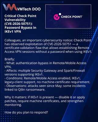 Kritična ranjivost Check Point (CVE-2026-50751): zaobilaženje lozinki u IKEv1 VPN