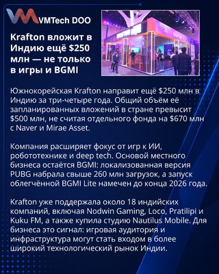 Krafton направит ещё $250 млн в индийские ИИ, робототехнику и игры