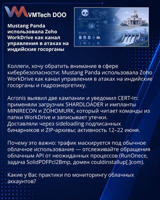 Mustang Panda je koristila Zoho WorkDrive kao kanal upravljanja u napadima na indijske državne organe