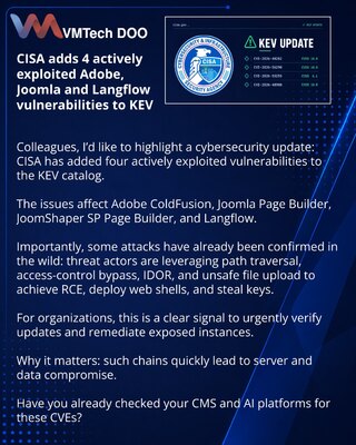 CISA добавила 4 активно эксплуатируемые уязвимости Adobe, Joomla и Langflow в KEV