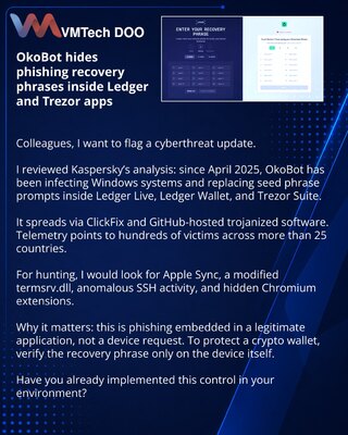 OkoBot маскирует phishing recovery phrase прямо внутри Ledger и Trezor apps