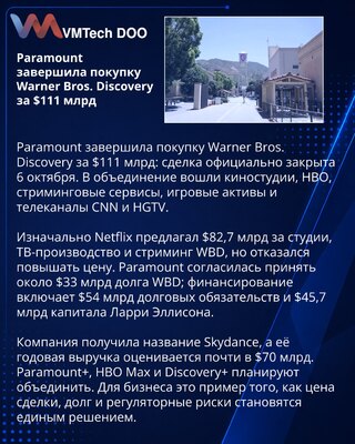 Paramount закрыла сделку по покупке Warner Bros. Discovery за $111 млрд