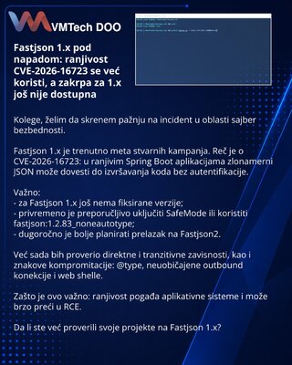 Fastjson 1.x pod napadom: ranjivost CVE-2026-16723 se već koristi, a zakrpa za 1.x još nije dostupna