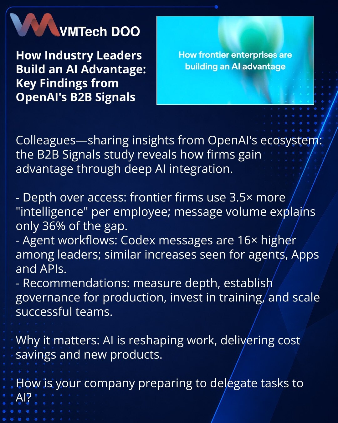 Kako lideri tržišta stvaraju prednost u AI: ključni nalazi B2B Signals od OpenAI

Prijatelji, želim podeliti iz OpenAI ekosistema: istraživanje B2B Signals otkriva kako kompanije dobijaju prednost dubokom integracijom AI.

- Dubina važnija od pristupa: vodeće kompanije koriste 3,5× više „inteligencije" po zaposlenom; obim poruka objašnjava samo 36% razlike.
- Agencijski radni tokovi: Codex — 16× poruka kod lidera; slična aktivnost kod agenata, aplikacija i API-ja.
- Preporuke: meriti dubinu, izg