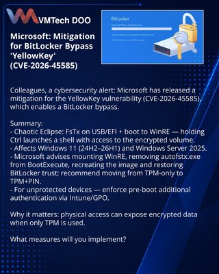 Microsoft: mitigacija za zaobilaženje BitLockera YellowKey (CVE-2026-45585)