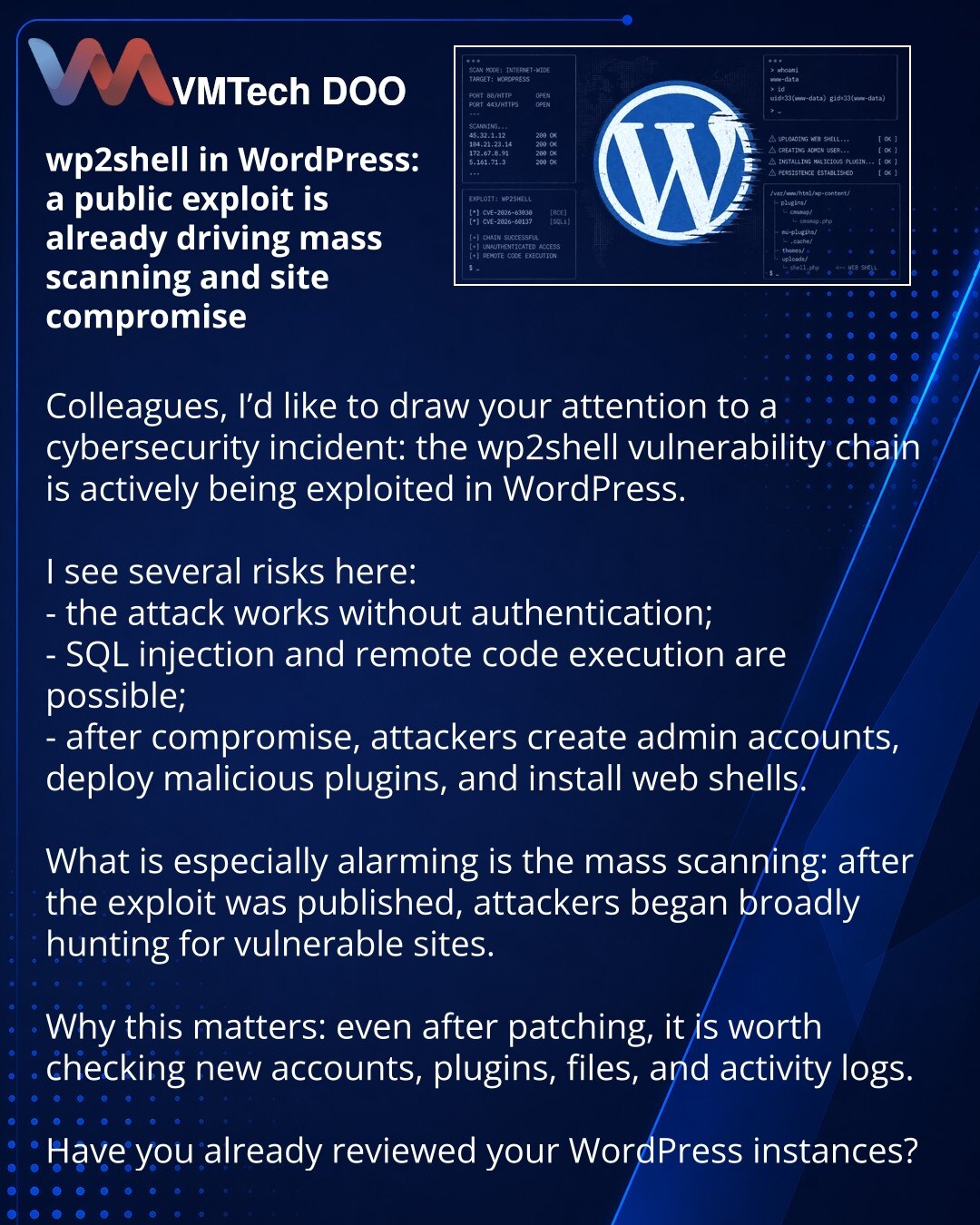 wp2shell u WordPress-u: javni eksploat već pokreće masovno skeniranje i preuzimanje sajtova