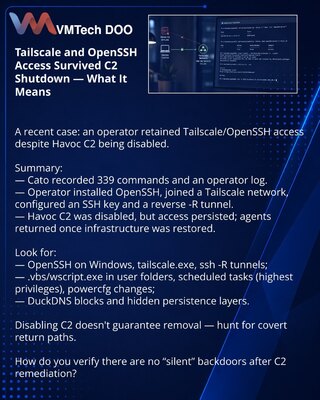 Pristup preko Tailscale i OpenSSH preživeo isključenje C2 — šta znači