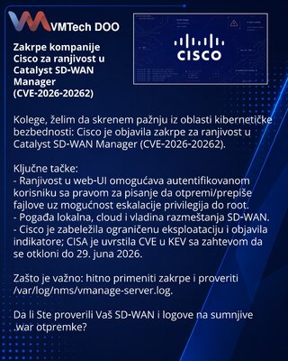 Zakrpe kompanije Cisco za ranjivost u Catalyst SD‑WAN Manager (CVE‑2026‑20262)