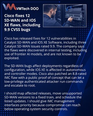 Cisco otklanja 12 ranjivosti u Catalyst SD-WAN i IOS XE softveru
