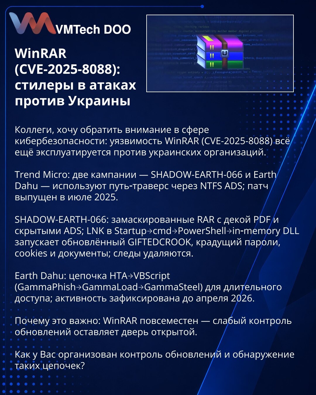 WinRAR (CVE-2025-8088): stileri u napadima protiv Ukrajine

Kolege, skrećem pažnju na kibernetičku bezbednost: ranjivost WinRAR (CVE-2025-8088) i dalje se eksploatiše protiv ukrajinskih organizacija.

Trend Micro: dve kampanje (SHADOW‑EARTH‑066 i Earth Dahu) koriste path‑traversal u NTFS ADS; zakrpa — jul 2025.

SHADOW‑EARTH‑066: maskirani RAR sa lažnim PDF i skrivenim ADS; LNK u Startup → cmd → PowerShell → in‑memory DLL pokreće ažurirani GIFTEDCROOK koji krade lozinke, kolačiće i fajlove; trag
