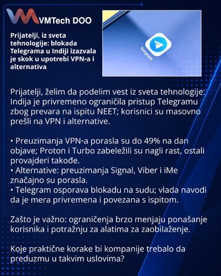 Prijatelji, iz sveta tehnologije: blokada Telegrama u Indiji izazvala je skok u upotrebi VPN‑a i alternativa