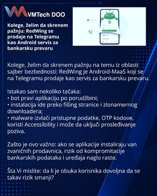 Kolege, želim da skrenem pažnju: RedWing se prodaje na Telegramu kao Android servis za bankarsku prevaru