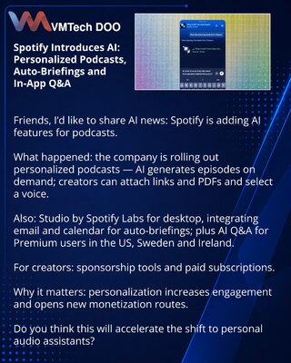 Spotify uvodi veštačku inteligenciju: personalizovani podkasti, auto‑brifinzi i Q&A u mobilnoj aplikaciji